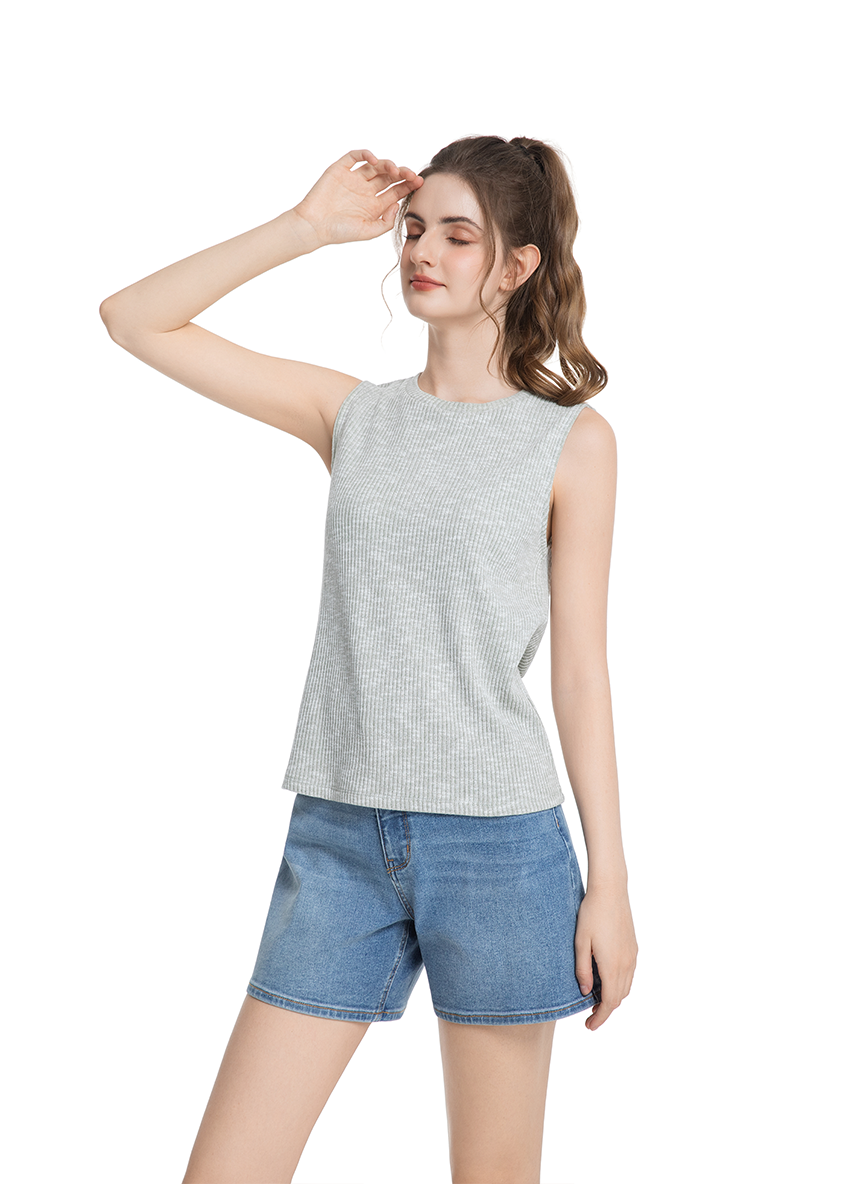 Jeanswest Women's Textured Tank Top |WTO-18307 Cotton Blend Sleeveless | Sage Green Grey | Structured Casual |