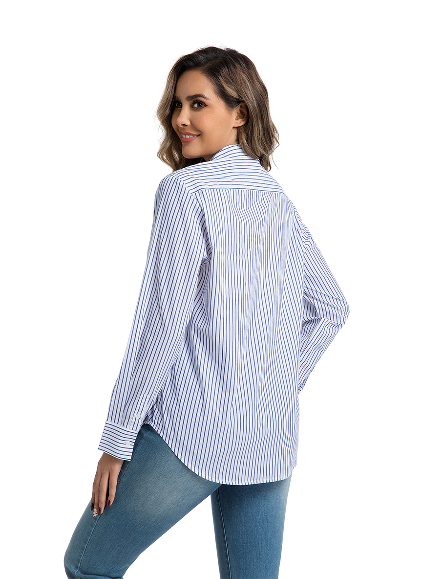 Jeanswest Women's Cotton Stripe Shirt |WSI-18416-01 Long Sleeve Button Down | Classic White Blue | Work Casual