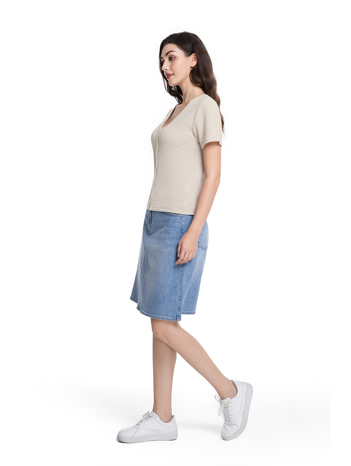 Jeanswest Women's Textured V-Neck Tee | WTO-18306 Short Sleeve Cotton Blend | Striped T-Shirt | Casual Friday