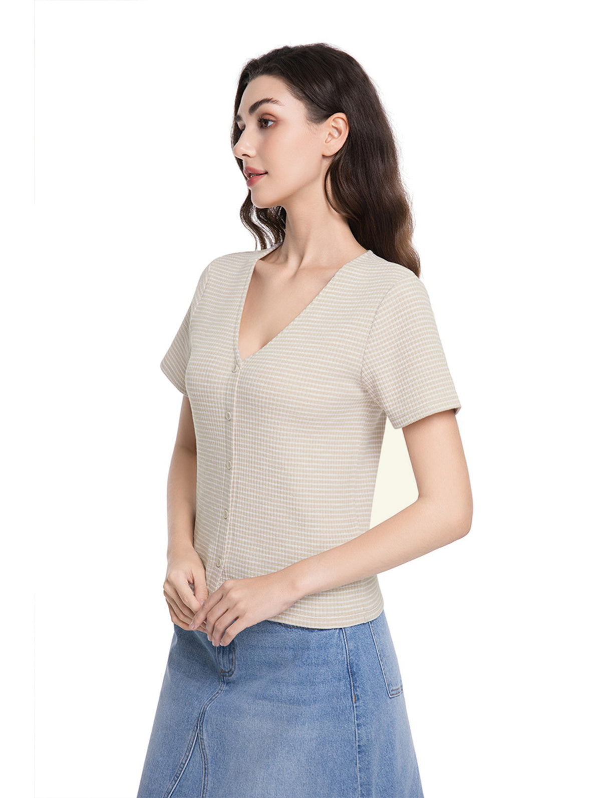 Jeanswest Women's Textured V-Neck Tee | WTO-18306 Short Sleeve Cotton Blend | Striped T-Shirt | Casual Friday