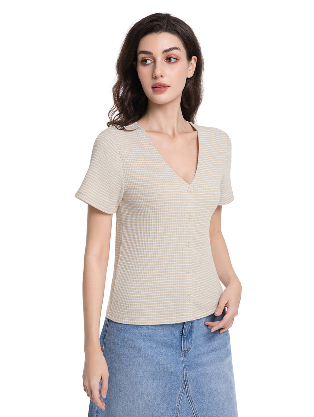 Jeanswest Women's Textured V-Neck Tee | WTO-18306 Short Sleeve Cotton Blend | Striped T-Shirt | Casual Friday
