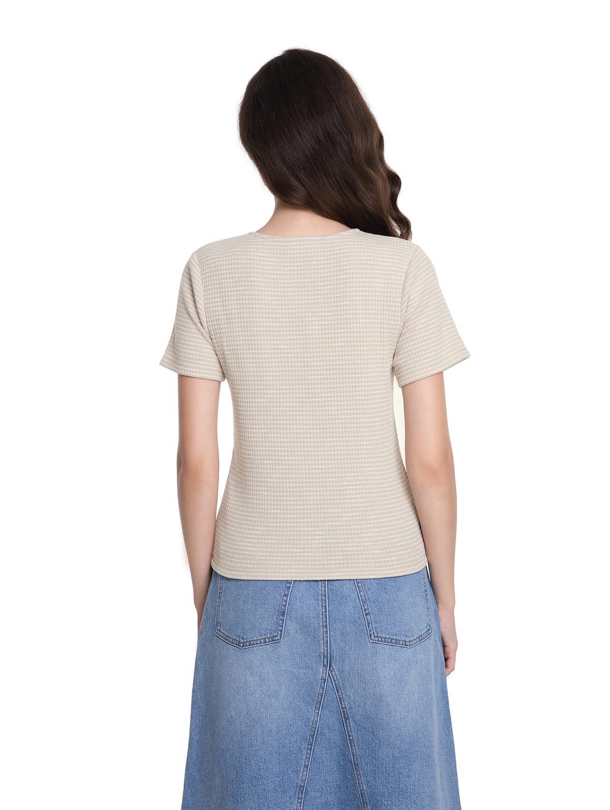 Jeanswest Women's Textured V-Neck Tee | WTO-18306 Short Sleeve Cotton Blend | Striped T-Shirt | Casual Friday