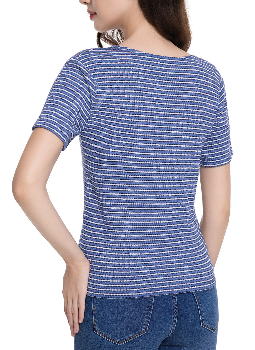 Jeanswest Women's Textured V-Neck Tee | WTO-18306 Short Sleeve Cotton Blend | Striped T-Shirt | Casual Friday