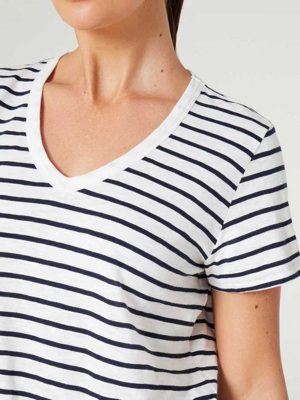 Jeanswest Women's 100% Cotton V-Neck Tee | WTO-14656 Short Sleeve T-Shirt | White Blue | Slub Texture Basic |
