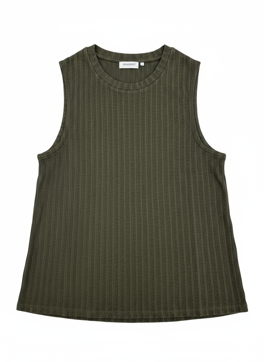 Jeanswest Women's Ribbed Tank Top | WTO-18099 Cotton Blend Sleeveless | Moss Green Layering Basic