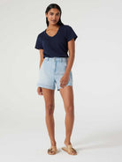 Jeanswest Women's 100% Cotton V-Neck Tee | WTO-14656 Short Sleeve T-Shirt | White Blue | Slub Texture Basic |