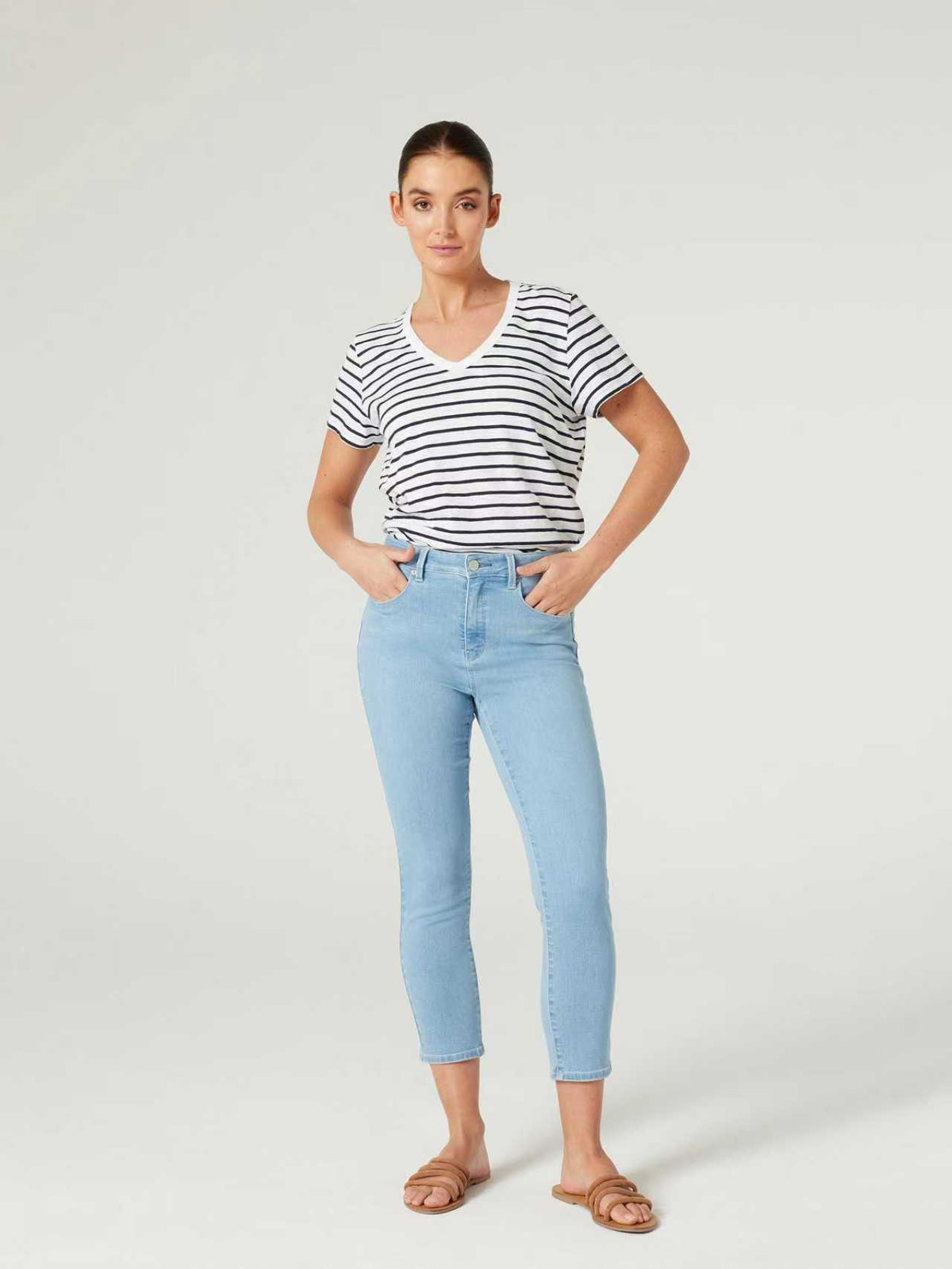 Jeanswest Women's 100% Cotton V-Neck Tee | WTO-14656 Short Sleeve T-Shirt | White Blue | Slub Texture Basic |