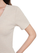 Jeanswest Women's Textured V-Neck Tee | WTO-18306 Short Sleeve Cotton Blend | Striped T-Shirt | Casual Friday