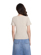 Jeanswest Women's Textured V-Neck Tee | WTO-18306 Short Sleeve Cotton Blend | Striped T-Shirt | Casual Friday